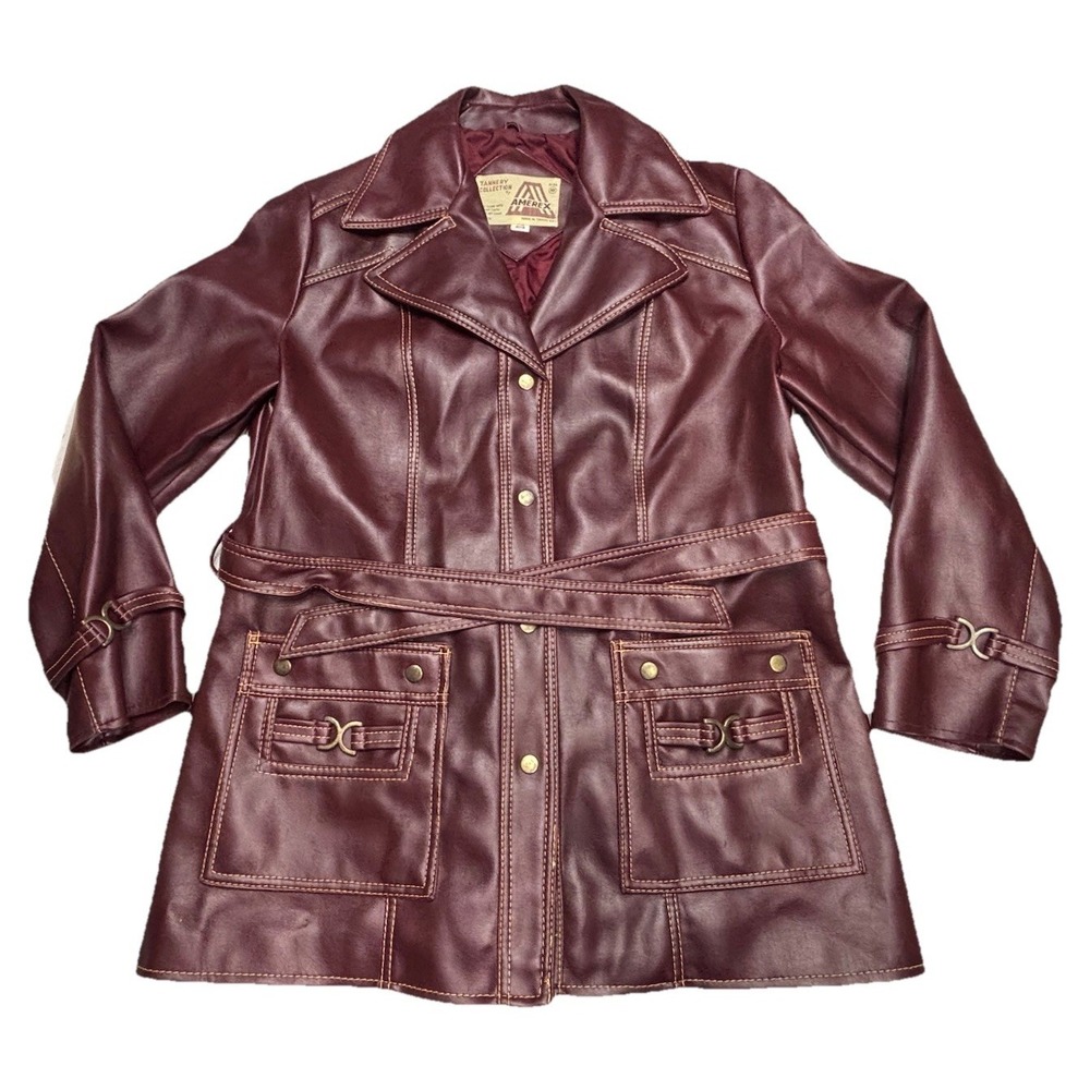Vintage 70s Amerex Tannery Collection Vinyl Belted Jacket Burgundy Brown Trench